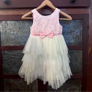 Couture Princess Flower Girl Dress Tulle Layers Lace Upper Bodice Cream and Pink